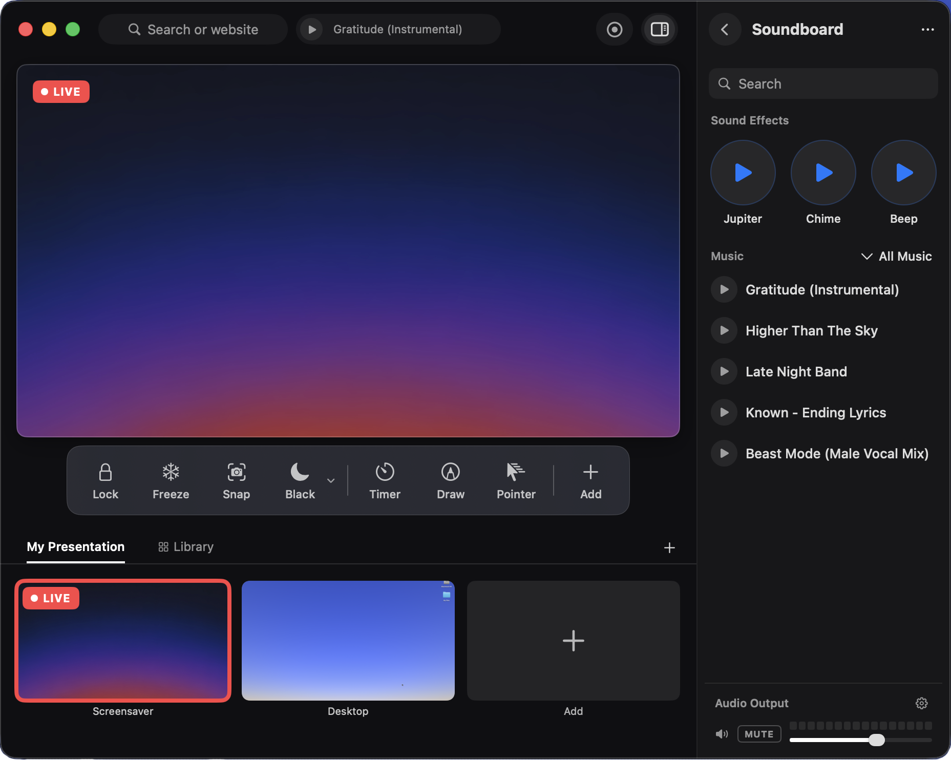 Eclipse operator console — sources, live preview, and soundboard